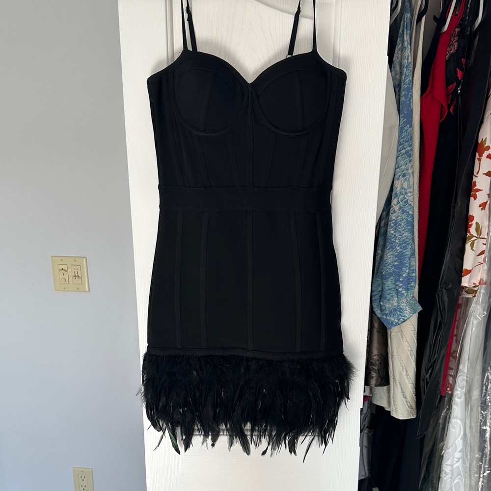 bebe Black Mini Dress with Feather Hem